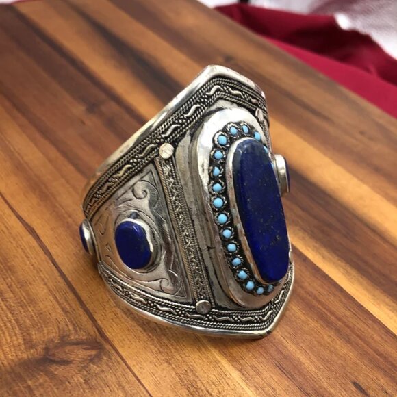 Single Vintage Afghan Cuff Bracelet: Lapis, Turquoise, Sterling Silver Tribal - Picture 11 of 12